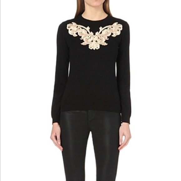 Ted Baker Slinda Metallic Floral Embroidery Cashmere Silk Black Sweater Sz 0 - Picture 1 of 8